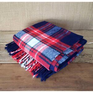 Vtg Troy Oversize Plaid Wool Fringe Throw Car Lap Stadium Bed Blanket 70" x 60"